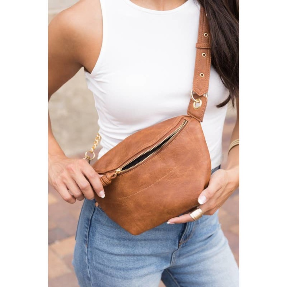 SOLD OUT Luxe Vegan Leather Cognac Convertible Sling Belt Bum Bag Gold Chain - Picture 2 of 6